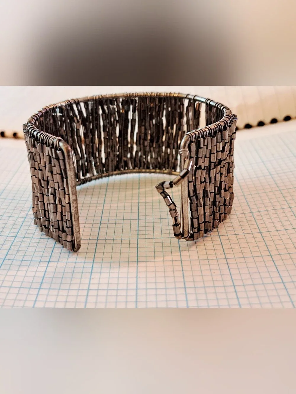 Gunmetal Gold Beaded Cuff Bracelet - Metallic Grey Statement Bracelet